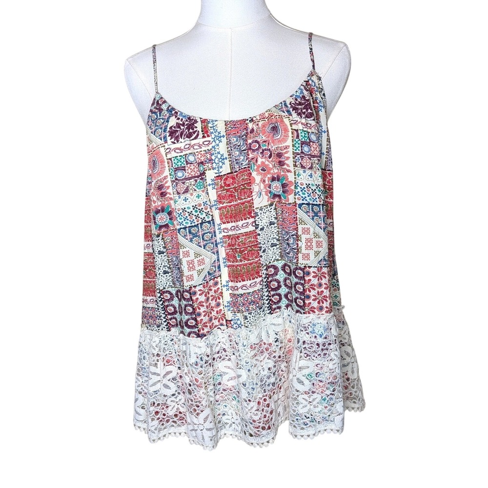 Entro‎ Boho Patchwork Lace Hem Tank Top Multicolor Size M NWT